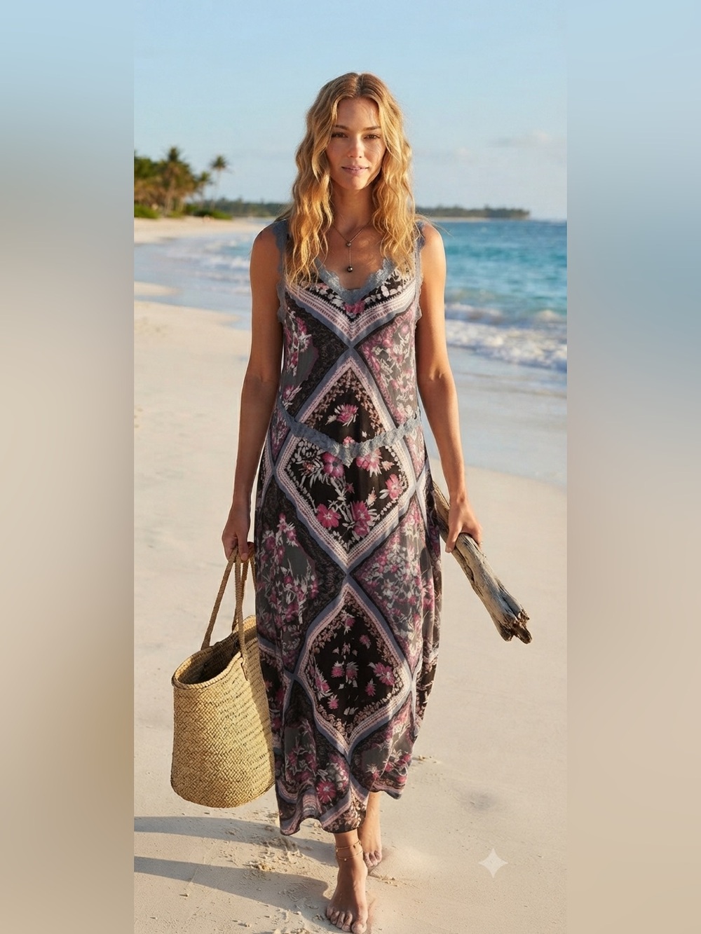 Free People Black Floral Maxi Dress with Pink Accents